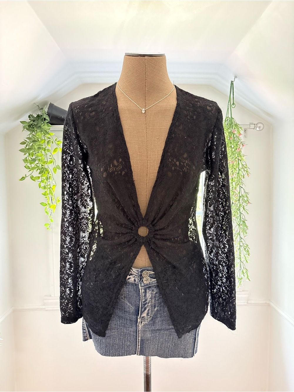 Black Lace Knot-Front Long Sleeve Top